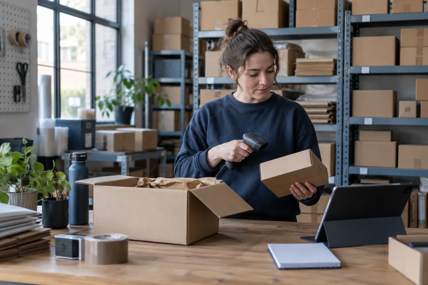 Illustrative stockroom worker scanning a parcel beside an inventory tablet