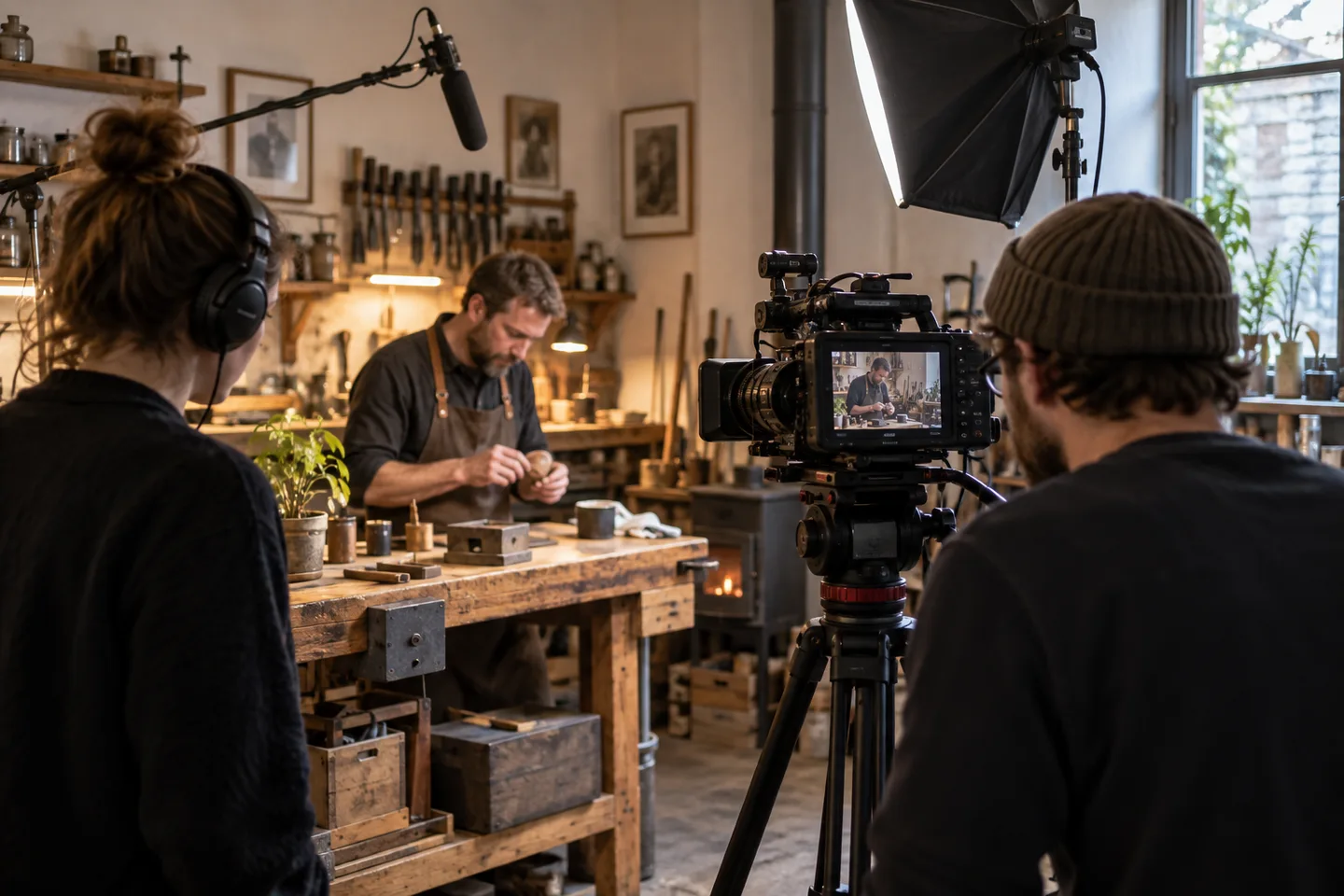 Illustrative business film shoot with a camera, lighting and an artisan at work