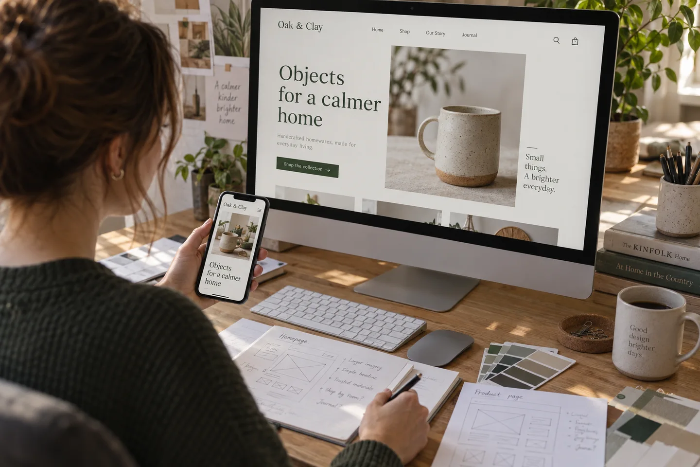 Illustrative website design workbench with a coordinated desktop and mobile page