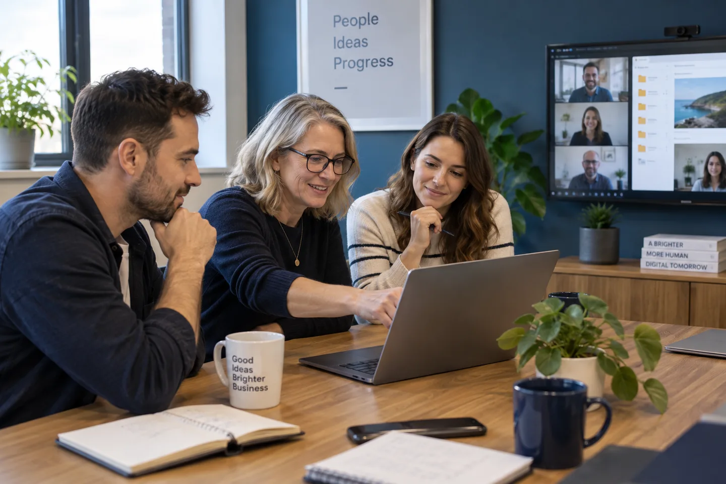 Illustrative colleagues working together with shared documents and a video meeting